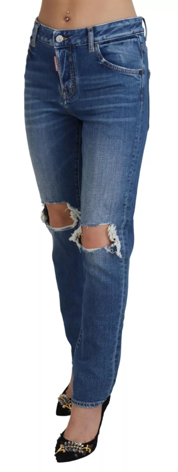 Dsquared² Cool Girl Mavi Yıpranmış Orta Bel Kot Pantolon